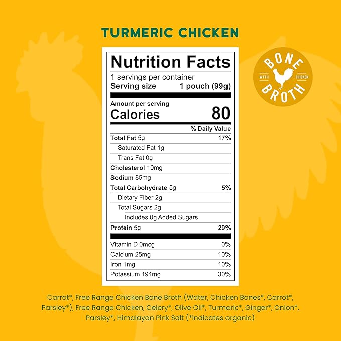 Serenity Kids 7+ Months Chicken Puree Pouch with Bone Broth - Pasture-Raised Turmeric & Veggie Blend - Clean Label Project Purity Award Certified - 3.5 Oz, 12 Pack