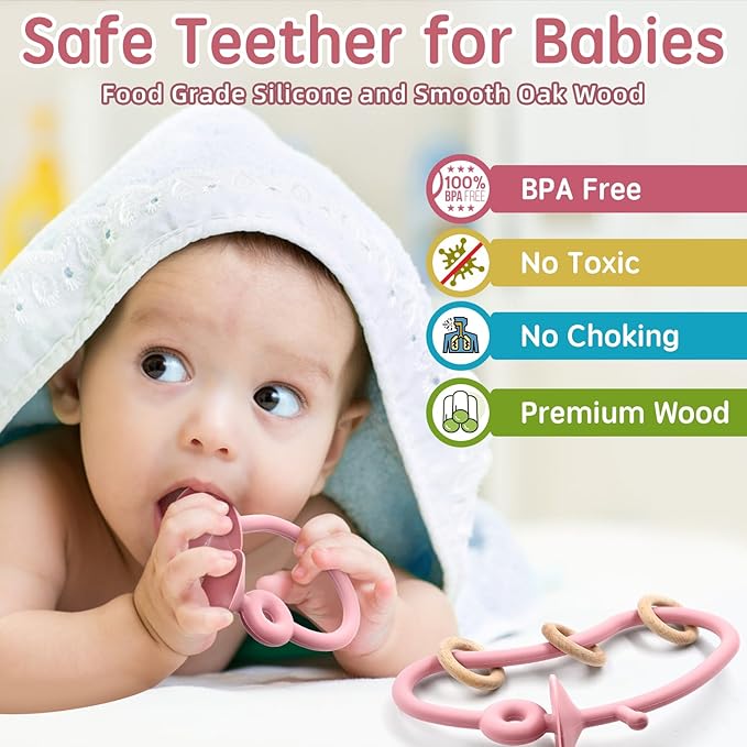 Baby Sensory Teething Chew High Chair Suction Toys for Infant Toddlers 6 12 18 24 Months, Food Grade Silicone Teether with Oak Loop Montessori Educational Baby Bath Toy Gifts (Dark Pink)