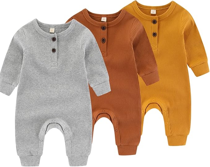 Newborn Baby Boys Girls One Piece Romper With Mitten Cuffs 3 Pack Long Sleeve Ribbed Button Jumpsuit Outfit Clothes
