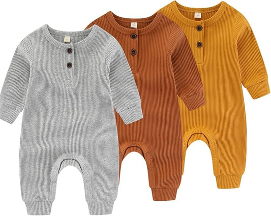 Newborn Baby Boys Girls One Piece Romper With Mitten Cuffs 3 Pack Long Sleeve Ribbed Button Jumpsuit Outfit Clothes