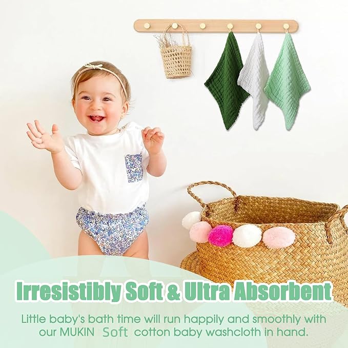 MUKIN Baby Washcloths - Soft Face Cloths for Newborn, Absorbent Bath Face Towels, Baby Wipes, Burp Cloths or Face Towels, Baby Registry as Shower. Pack of 6-12x12 inches (Green)