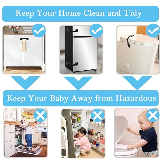 Fursafe&Q Cabinet Locks Baby Proofing, Child Safety Strap Locks Adhesive Black - Child Proof Fridge Lock Drawer Door Toilet Latches No Drill Multi-Purpose for Furniture Kitchen Lock