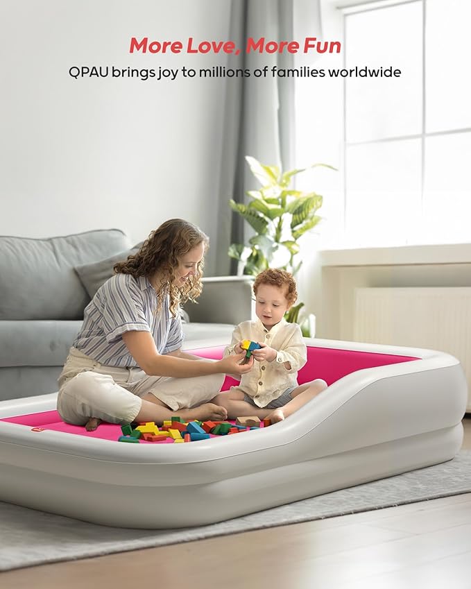 QPAU Inflatable Toddler Travel Bed with 3-Sided Safety Bumpers, Extra Large Kids Air Mattress, Includes Detachable Mattress, Portable for Camping, Travel, Home Use (Red)