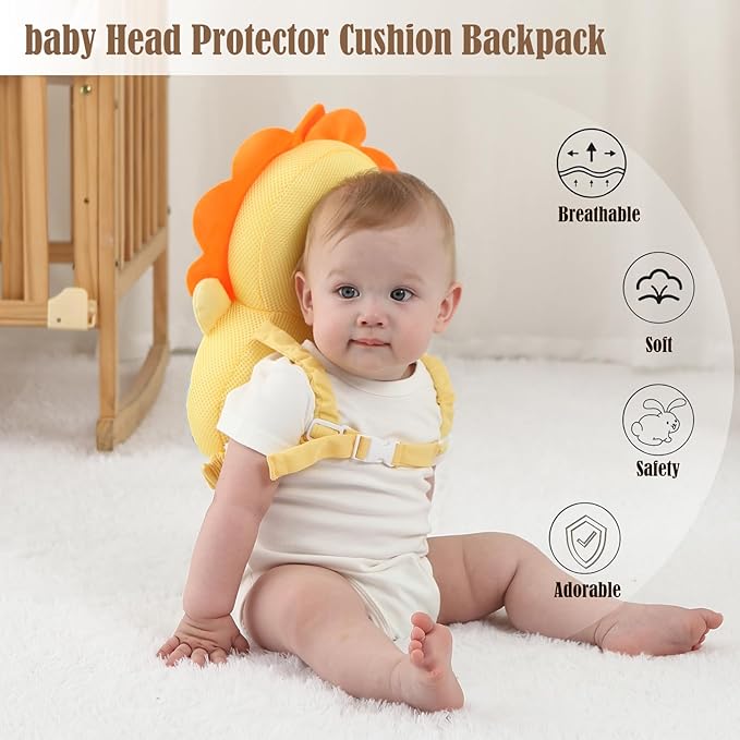 Baby Head Protector Backpack -Soft & Lightweight Pads - Prevents Bebes Backward Fall Lion Plush Stuffed
