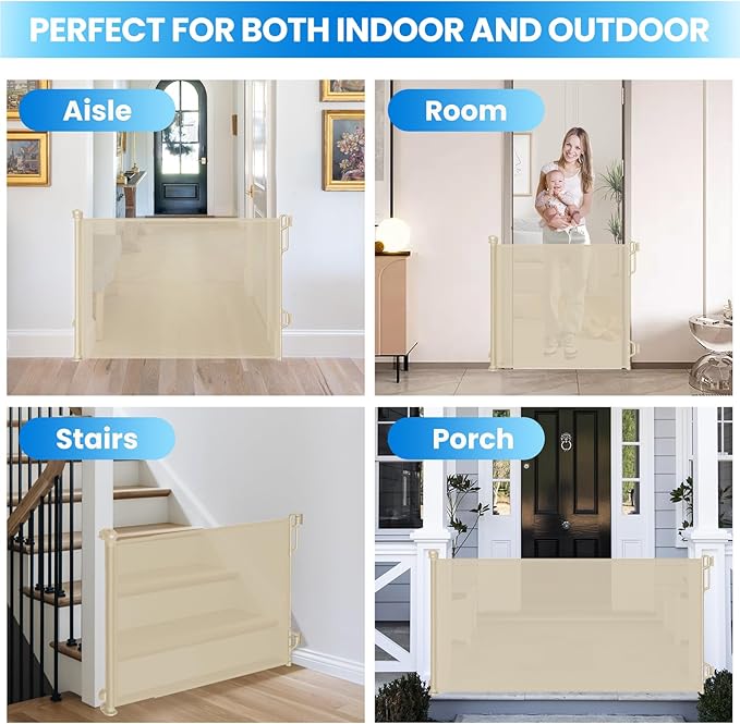 Retractable Safety Baby Gate or Mesh Dog Gate,Durable Portable Mesh Retractable Gate,Easy to Use for Stairs, Doorways, Hallways, Indoor, Outdoor, 33.5" Tall, Up to 45" Wide, Cream
