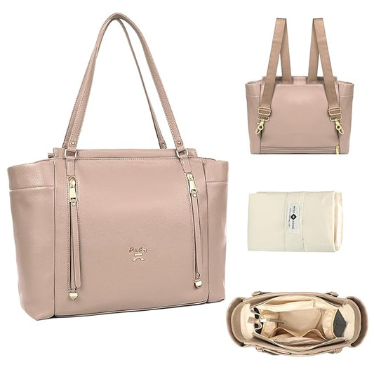 miss fong Diaper Bag Tote Leather Diaper Bag Backpack, Large Capacity Mommy Bag Hospital Bag, 12 Pockets Travel Diaper Tote with Changing Pad，Stroller Straps & Insulated Pockets for Mom & Dad-Khaki