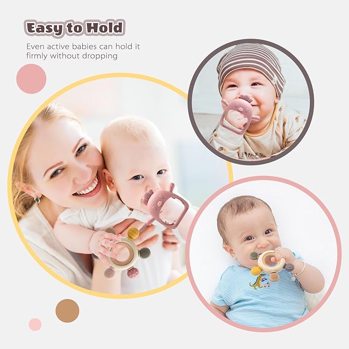 2 Packs Baby Teething Toy for 0-6 6-12 Months, Food Grade Silicone Teething Mitten and Silicone Rudder with Wooden Ring, BPA-Free, Baby Chew Toys for Sucking Needs