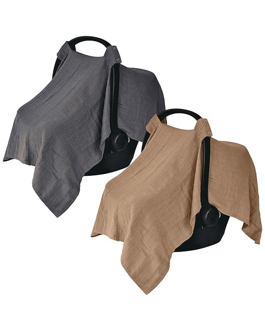 Car Seat Cover Baby - Organic Cotton - Carseat Covers Baby - Carseat Cover - Car Seat Canopy - Carseat Canopy - 100% Muslin Cotton, 43" x 32" 2-Pack (Soft Grey/Natural)