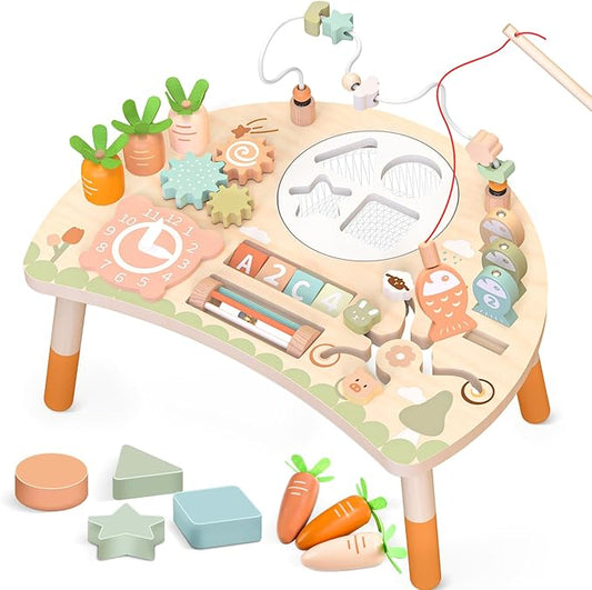 Activity Table for 1+ Year Old, 9-in-1 Montessori Wooden Sensory Play Table with Shape Sorter Fishing Game Bead Maze, Baby Activity Center Learning Toys for Toddler 12-18 Months