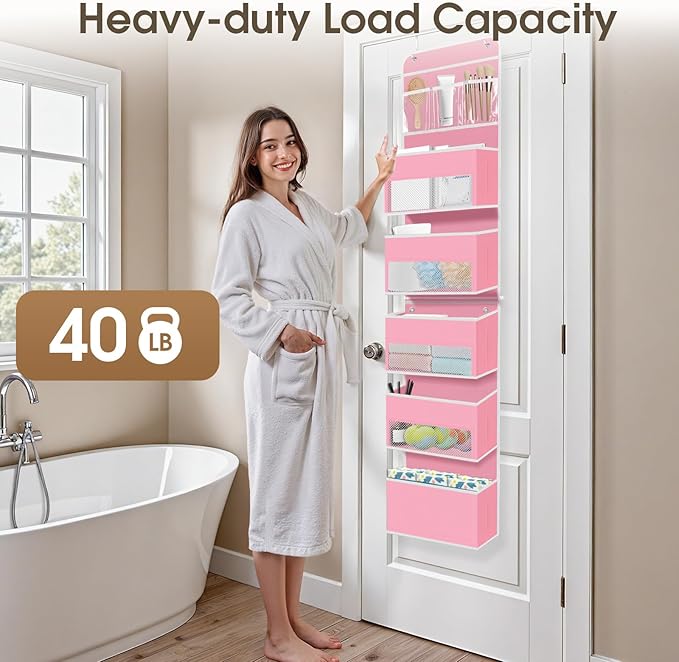 6-Tier Over The Door Organizer Hanging Storage Organizers with Clear Window 40lb Large Capacity Room Organizer for Pantry Bathroom Nursery Closet(Pink)