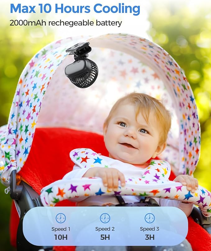 AMACOOL Mini Baby Fan with Clip for Carrier/Baby Car Seat/Bassinet, 3-Speed Portable Fan, 10H Cooling Rechargeable, Ultra Light 0.24 lb, Safe Gaps, 360° Rotatable for Diaper Backpack Stroller Travel