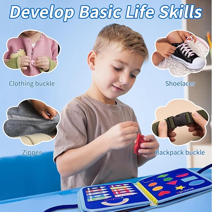 Montessori Busy Board for Toddlers Children's Sensory Toys, Buttons & Laces Develop Fine Motor Skills Travel-Friendly Learning Activity Board, for Kids