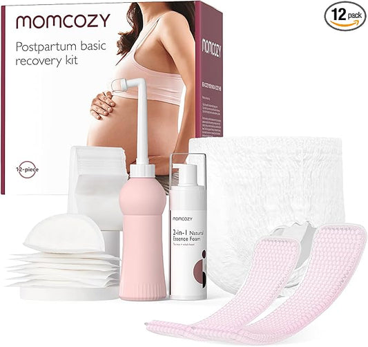 Momcozy Postpartum Recovery Essentials Kit, Labor Delivery Mom Care Kit, Self-Absorbent Disposable Underwear Nipple Nursing Pads Upside Down Peri Bottle Cold Pads Cooling Foam Canvas Bag Set