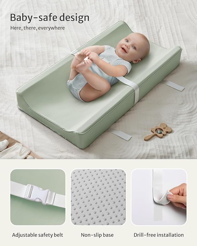 Blissful Diary Vegan Leather Baby Changing Pad with Waterproof & Wipe-Clean PU Cover, Standard Size Cozy Diaper Changing Pad for Dresser and Table, Light Green