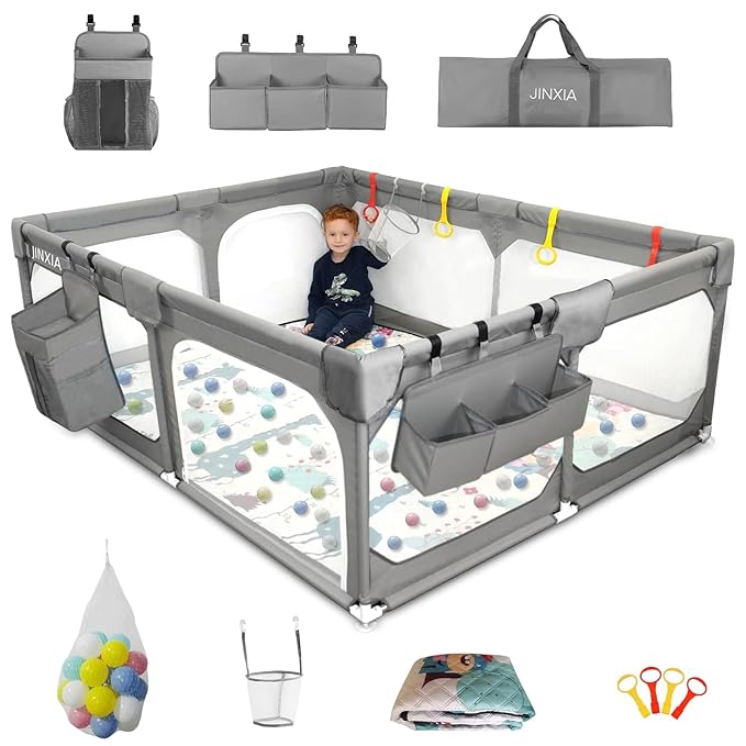 Baby Playpen with Mat 50"*50", Extra Large Playpen for Babies and Toddlers with Storage Bag, BPA-Free, Non-Toxic, Safe No Gaps Playards for Babies, Sturdy Safety Play Yard for Indoor Outdoor Fun, Grey