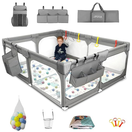 Baby Playpen with Mat 50"*50", Extra Large Playpen for Babies and Toddlers with Storage Bag, BPA-Free, Non-Toxic, Safe No Gaps Playards for Babies, Sturdy Safety Play Yard for Indoor Outdoor Fun, Grey