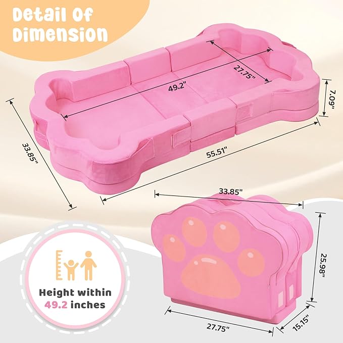 Foldable Portable Toddler Travel Bed,Toddler Floor Bed with Washable Cover for Kids,Soft and Safe (Pink)