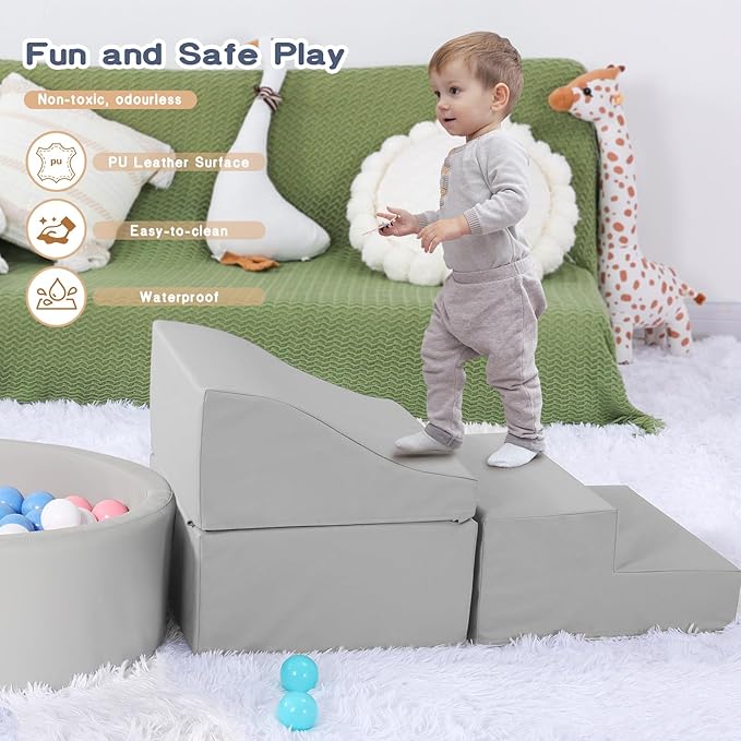 Foam Climbing Blocks for Toddler: with 4-Piece PU Leather Climbing Toys and a Ball Pit - Foam Ball Pit for Toddlers - Climbing Toys Indoor for Kids Crawling
