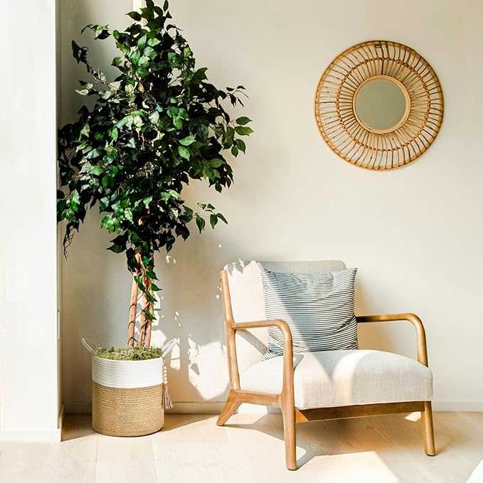 Mkono Woven Storage Basket Decorative Rope Basket Wooden Bead Decoration for Blankets,Toys,Clothes,Shoes,Plant Organizer Bin with Handles Living Room Home Decor, 11" W × 11" L, Cream White and Brown