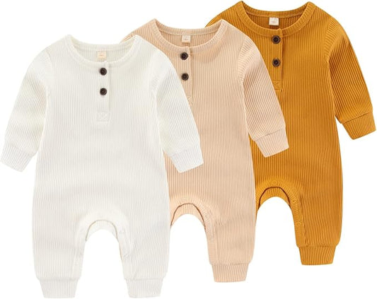 Newborn Baby Boys Girls One Piece Romper With Mitten Cuffs 3 Pack Long Sleeve Ribbed Button Jumpsuit Outfit Clothes