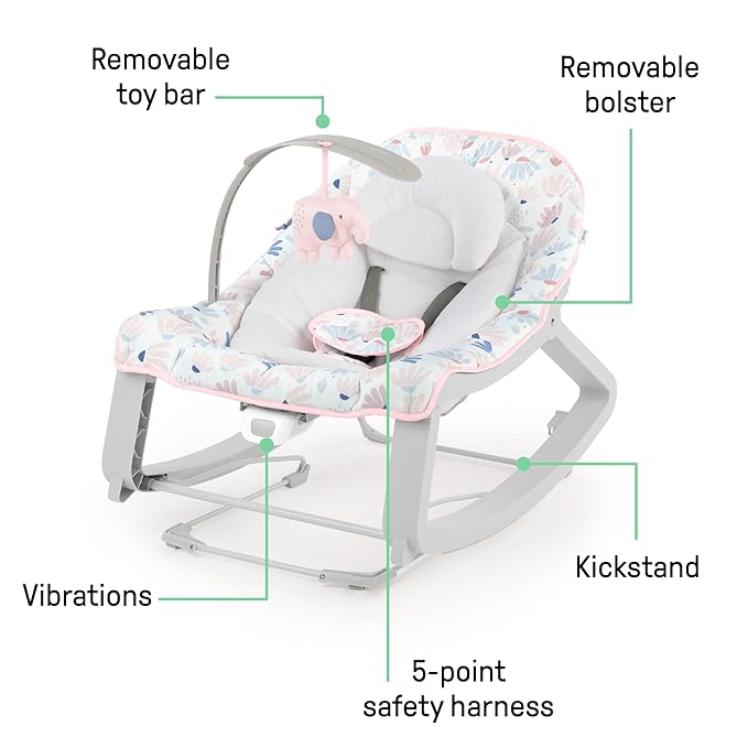 Ingenuity Keep Cozy 3-in-1 Grow with Me Vibrating Baby Bouncer Seat & Infant to Toddler Rocker, Vibrations & -Toy Bar, 0-30 Months Up to 40 lbs (Pink Burst)