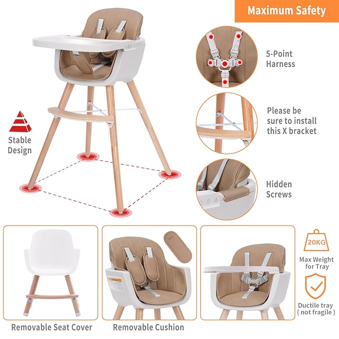 Mallify 3-in-1 Convertible Wooden High Chair, High Chairs for Babies and Toddlers, Baby High Chair with Adjustable Legs & Dishwasher Safe Tray, Made of Sleek Hardwood & Premium Leatherette, Brown