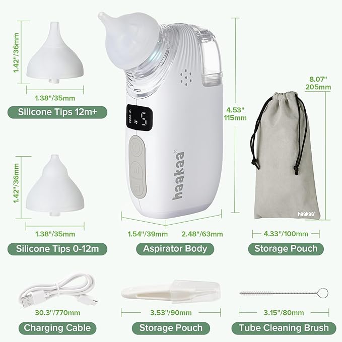 Haakaa Nasal Aspirator for Baby, 2-in-1 Electric Baby Nasal Aspirator with Sprayer – Baby Nose Sucker, Nose Sucker for Baby – 5 Adjustable Suction Levels up to 65kPa, Quiet, Music & Lights