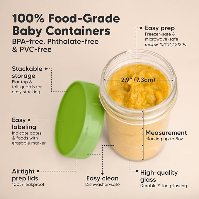 KeaBabies 4pk 8oz Glass Baby Food Containers with Lids - Leak-Proof, Microwavable Small Glass Jars, Baby Purees & Toddler Snack Storage Containers, BPA-Free, Dishwasher & Freezer Safe (Kea)