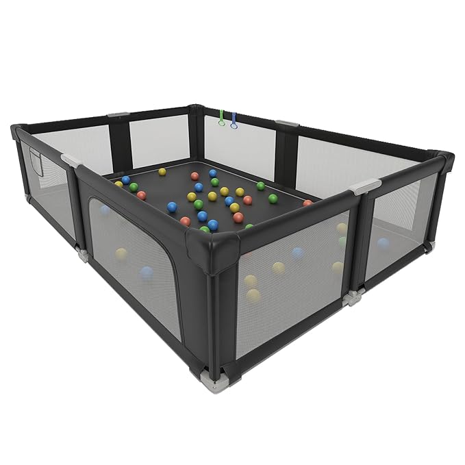 Foldable Playpen for Babies and Toddlers with Mat, 73" x 61" Playard for Indoor & Outdoor, Baby Play Pen with Soft Breathable Mesh, Pull-Link and Ocean Balls, Black