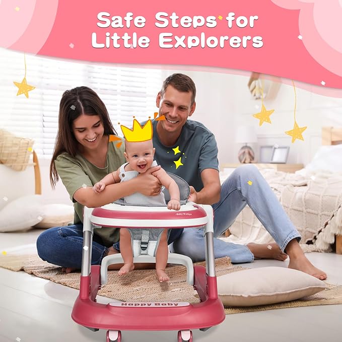 Baby Walker with Wheels 5 in 1 Foldable Activity Center with Mute Wheels Adjustable Heights Anti-Fall Push Walkers for Boys Girls Safe Infant Toddler Walker with Footrest for 6-24 Months