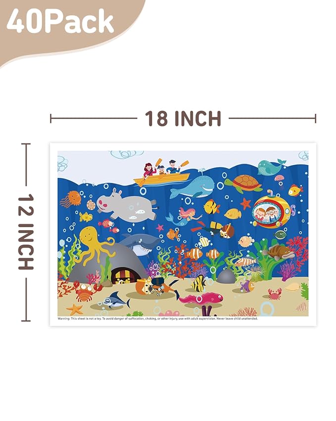 Babebay Disposable Stick-on Placemats 40 Pack for Baby & Kids & Toddler, Sticky Placemats Restaurant Table Mats 12" x 18" (Seabed Scuba)