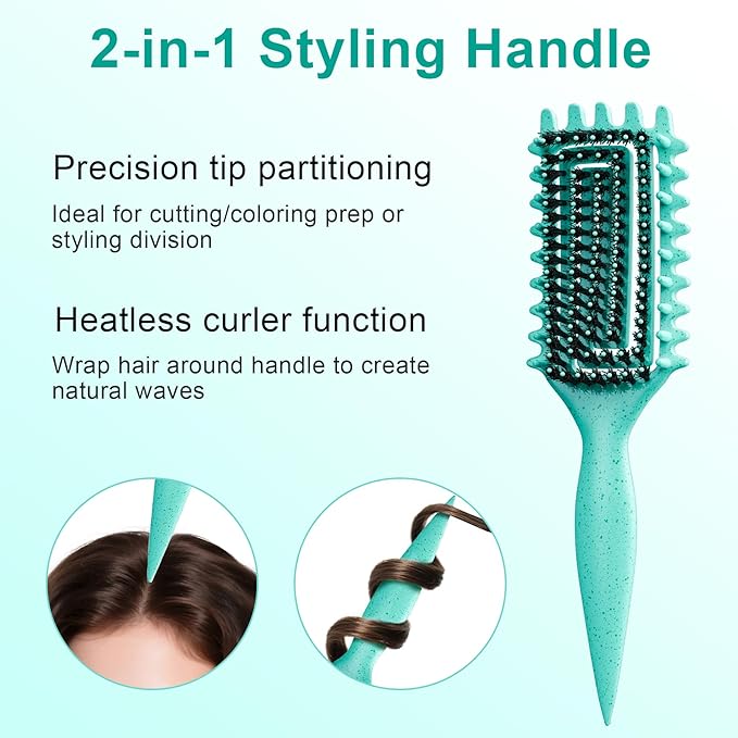 Curly Hair Brush, Curl Defining Brush with Soft Boar Bristles Detangling Tangled Glides, Wide-Teeth Design Effortlessly Shaping & Defining Curls, Curling Definer for Wet & Dry Hair (Green)