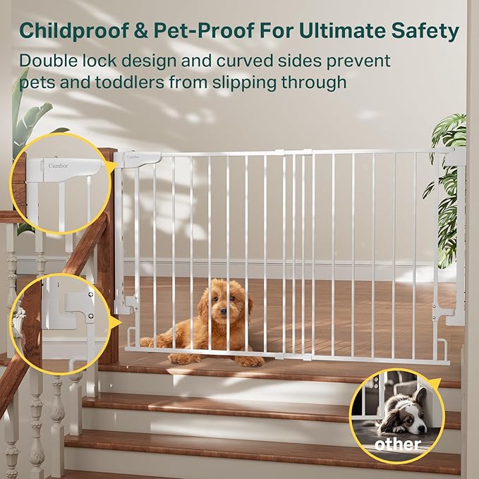 Cumbor Expandable 31.6-48" Baby Gate for Stairs, Wall-Mounted, 2-in-1 No Bottom Bar Dog Gate Indoor, Auto Close Pet Gate for Doorways with Large Walk Thru Door, Child-Proof Gate for Kids (White)