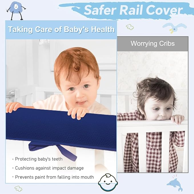 3pcs Crib Rail Covers for Teething, Crib Rail Cover, Soft Crib Protector from Chewing, Suits for Most Standard Bed (Blue-jxt)