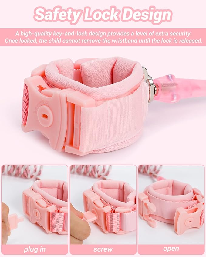 Anti Lost Wrist Link, 2 Pack Toddler Safety Leash with Key Lock, Reflective Child Walking Harness - Dual 8.2ft Length Pink & Blue Kids Leash for Supermarket Mall Airport Amusement Park Zoo