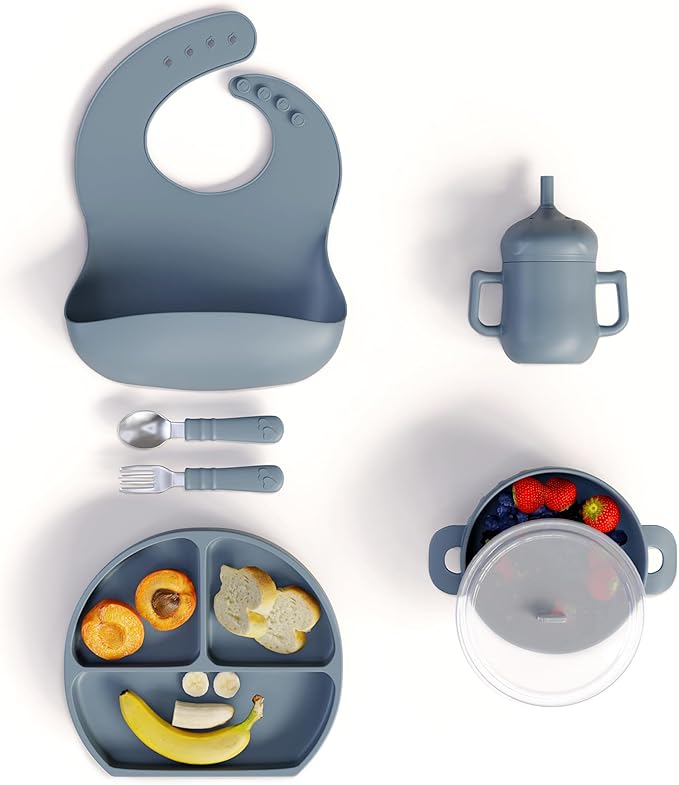 mimi & kiki BPA-Free Silicone Baby Feeding Set, Baby Plates and Bowls Set, Baby Led Weaning Supplies, Silicone Suction Plate, Baby Utensils, Bib and Cup, Self Feeding, Dishwasher Safe (Blue)
