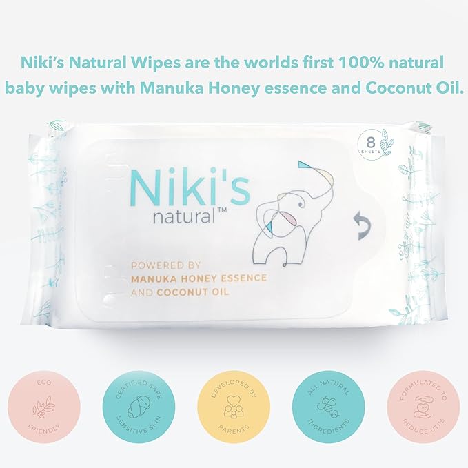 Niki's Natural Pocket Baby Wipes | Organic Baby Wipes Sensitive | Made with Manuka Honey and Coconut Oil, Unscented | EWG Verified | 32 Wipes (4 Pack x 8 Count Wipes)