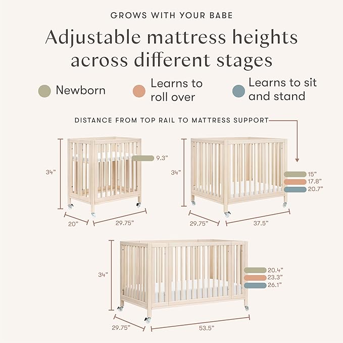 babyletto Rolli 9-in-1 Convertible Baby Crib w/Wheels - Includes Conversion Kits for Bassinet, Standard Crib, Toddler Bed, Daybed & Junior Bed - GREENGUARD Gold - 3 Adjustable Heights, Washed Natural