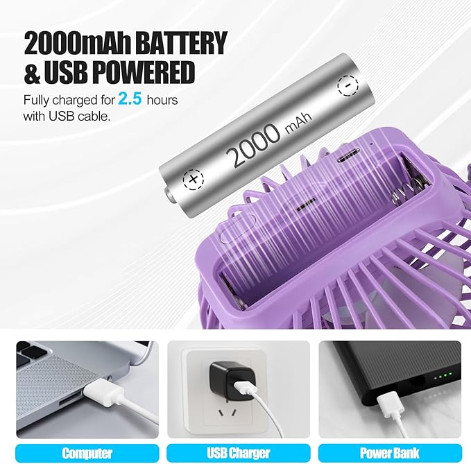 Portable Clip Fan Battery Operated,3 Speeds USB Rechargeable Mini Table Fan with Strong Airflow,360°Rotation Ultra Quiet Personal Desk Fan for Home Office Bedroom Dorm Stroller Camping(Purple)
