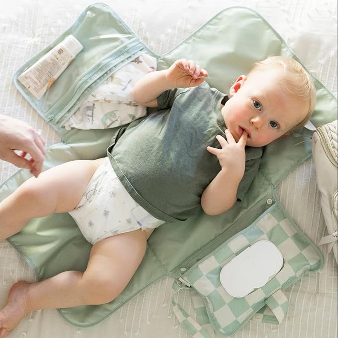 Tiny Twinkle Portable Diaper Changing Pad – Foldable, Waterproof & Compact Travel Changing Mat with Storage | Smart Wipes Pocket for On-The-Go Parents(Sage Checkers)