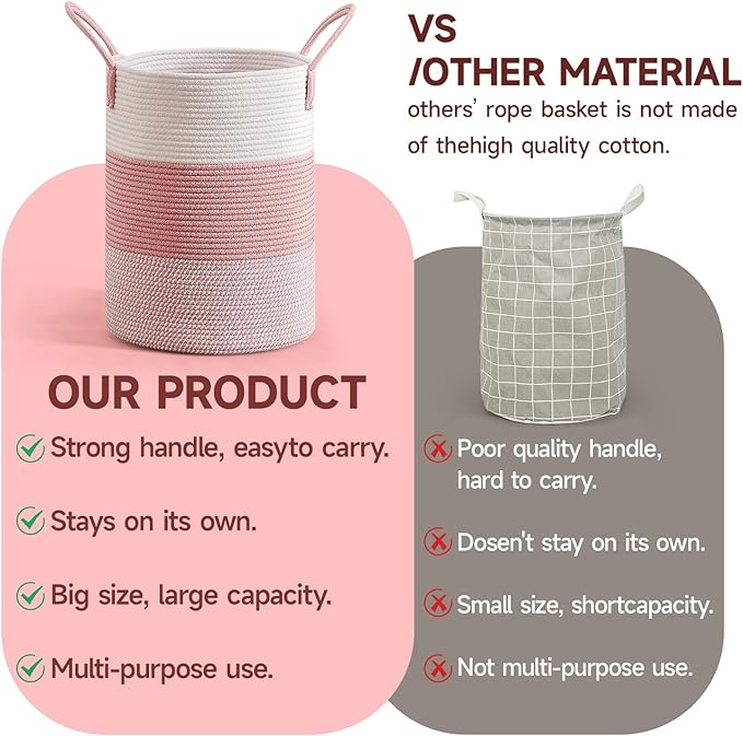 CLHMILY&Z 60L Laundry Basket Round Storage Rope Basket - 15x20.5 Inches - Pink Hamper in Bedreoom and Cute Storage Bin for Blankets, Toys, and Nursery Essentials