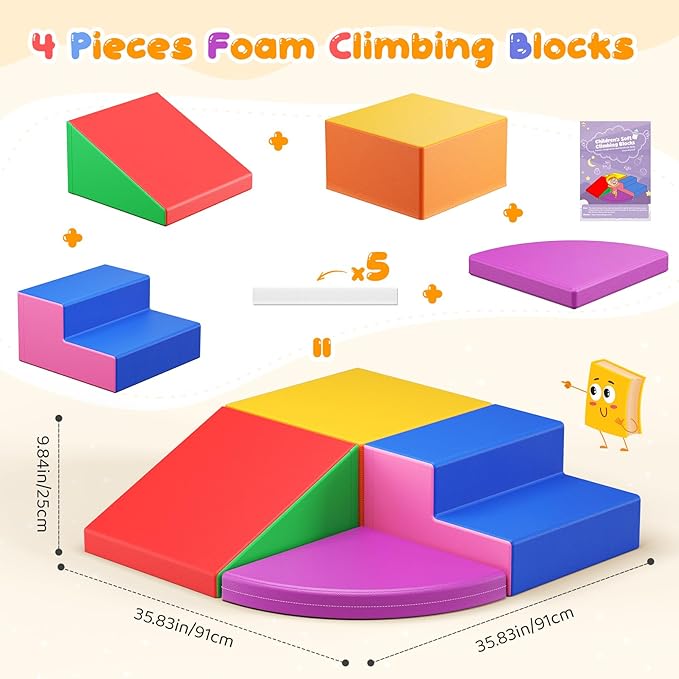 Lischwert Foam Climbing Blocks for Toddlers 1-3, 4pcs Soft Play Set with Crawling Exploration Toys, Indoor Outdoor Infant Safe Blocks for Baby Gym Toddler Playground - Colorful