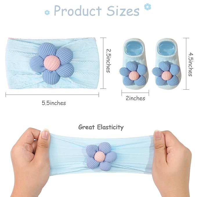 CÉLLOT Baby Girl Headband and Socks, Non-Slip Floral Socks and Soft Floral Nylon Hairbands for Babies Infants and Toddlers(White,Blue,Black)