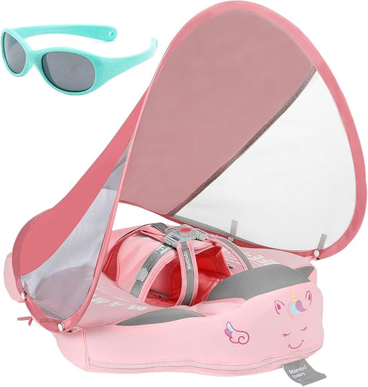 Mambobaby Float with Canopy and Tail New Upgraded Non-Inflatable Baby Pool Float Mambo Float Swim Trainer Solid Infant Swim Float Adjustable Pearl Foam Baby Swim Ring