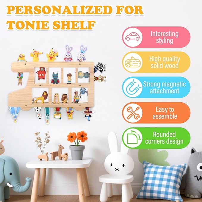 RZYLKA Car for Tonies Box Organizer Storage Shelf Wall Mounted, Pinewood Magnetic Floating Shelves for Toniebox, Tonies Characters, Display Collection 15~25 Characters
