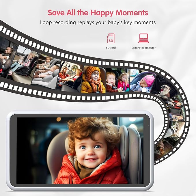 Baby Car Camera with Night Vision, HD 1080P Car Camera for Baby Video Recording with TF Card Car Baby Camera 3X Zoom 360° Rotation for Rear Facing Seat White