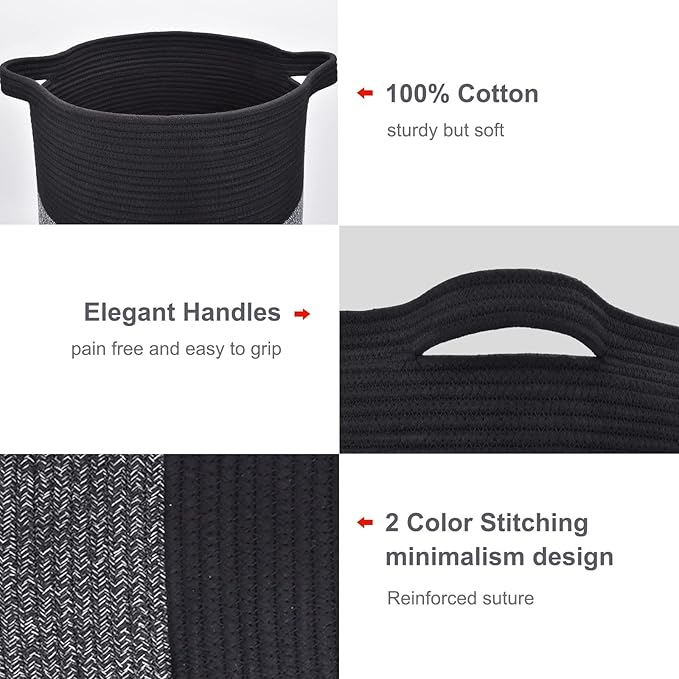 ﻿BOSROTY Large Laundry Hamper for Girls Boys Kids 72L, Nursery Hamper, Tall Laundry Basket, Cotton Rope Woven Blanket Basket for Storage Toys Clothes Towels, 16”x 22”, Black & Gray