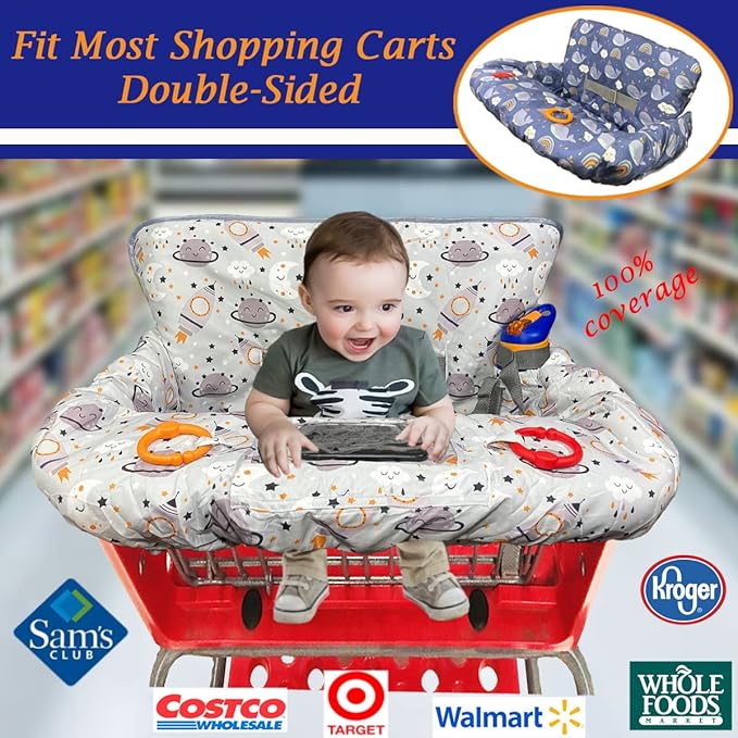 Shopping Cart Cover for Baby Grocery Cart Cover for Baby boy and Baby Girl, High Chair Cover for Baby and Toddler, Baby Registry Gift - Waterproof - Extra Large - Cotton - Double Sided (Gray)