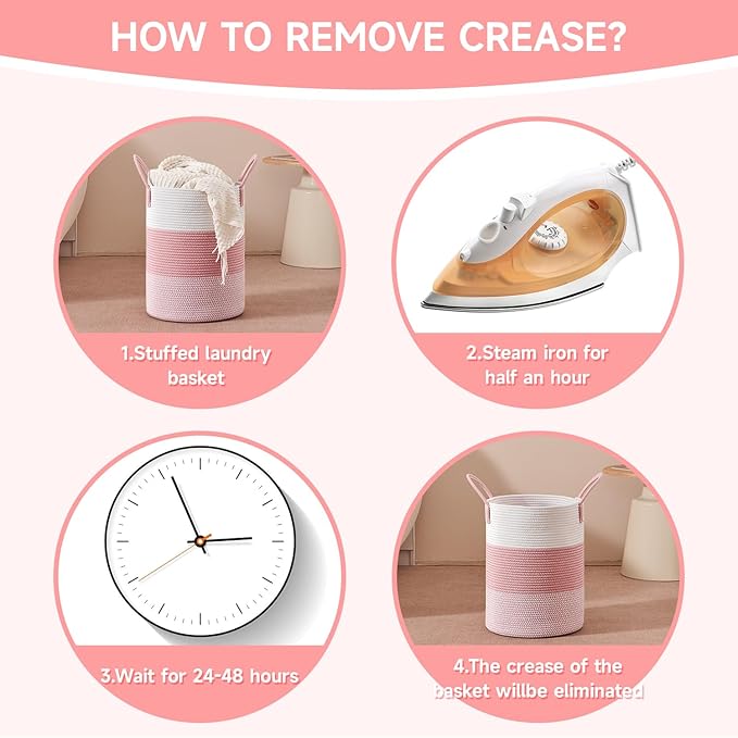 CLHMILY&Z 60L Laundry Basket Round Storage Rope Basket - 15x20.5 Inches - Pink Hamper in Bedreoom and Cute Storage Bin for Blankets, Toys, and Nursery Essentials