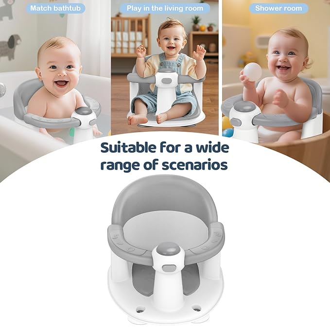 Baby Bath Seat for Babies 6 Months & up, 3 Baby Bath Toys, Non-Slip Baby Bath Seat, Safe & Comfortable Baby Bath Support, for Bathtub/Living Room/Shower Room, Grey